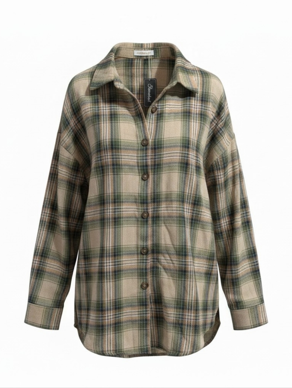 Plaid Button-Up Shirt in Beige and Green
